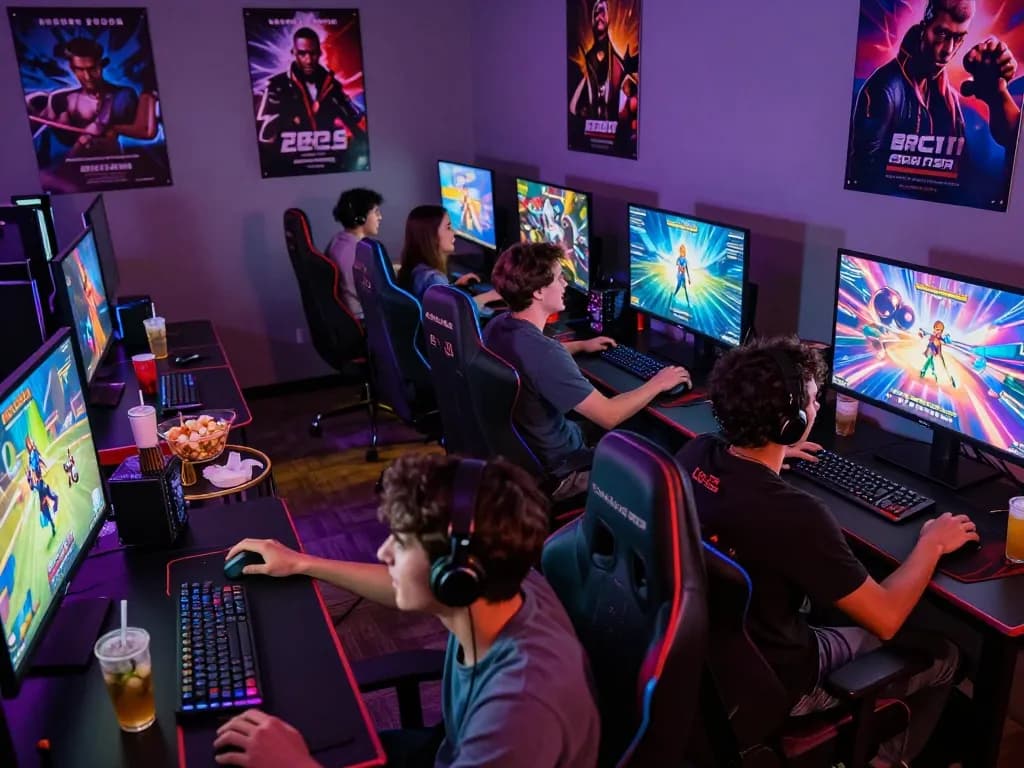 Friends enjoying free porn games in a vibrant gaming lounge setting.