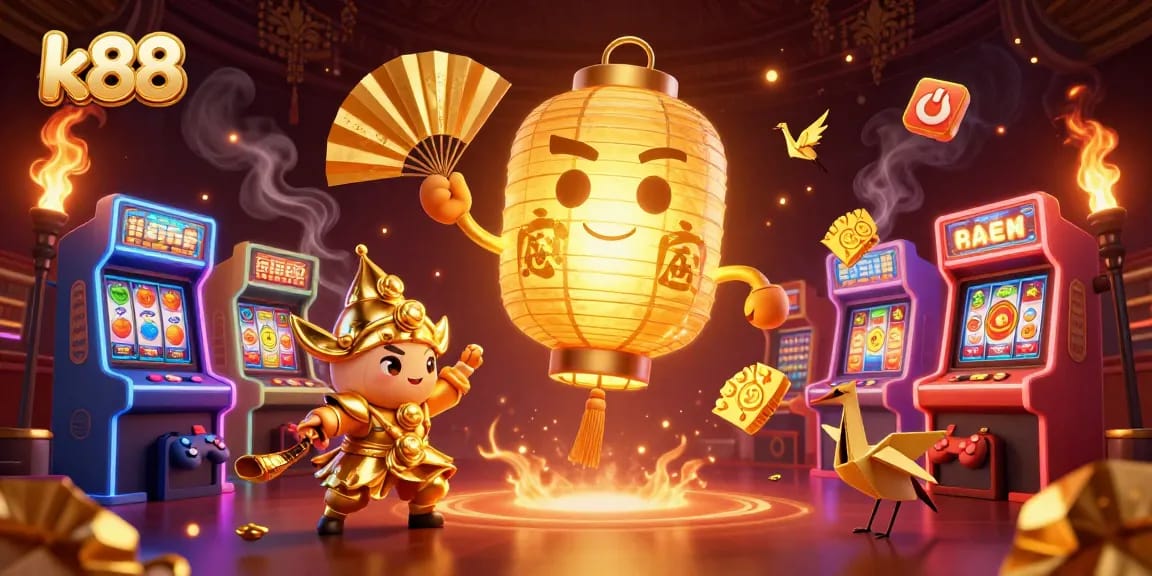 Play lucky slot games at k88 with a vibrant casino atmosphere and golden characters.