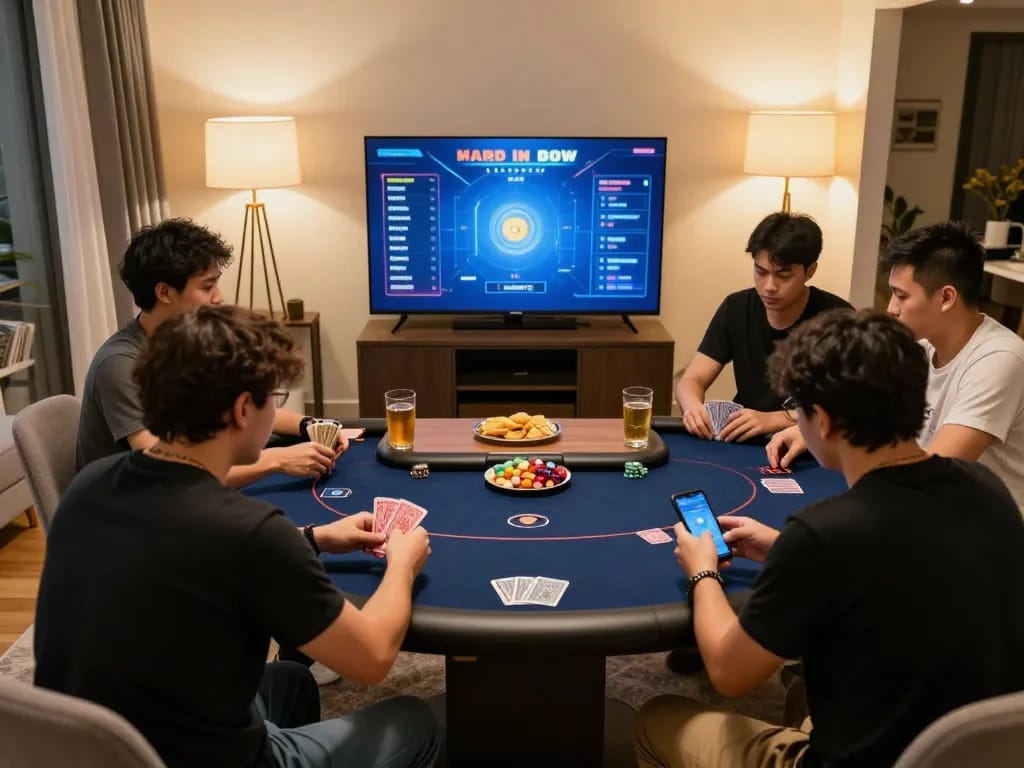 Players engaging in a friendly TIP88 online poker session in a cozy living room.