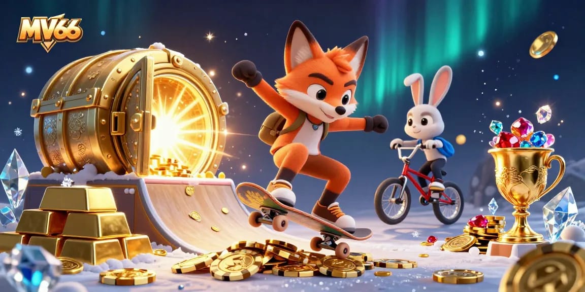 Engaging illustration of MV66 with a skateboarder fox and BMX rabbit among casino treasures.