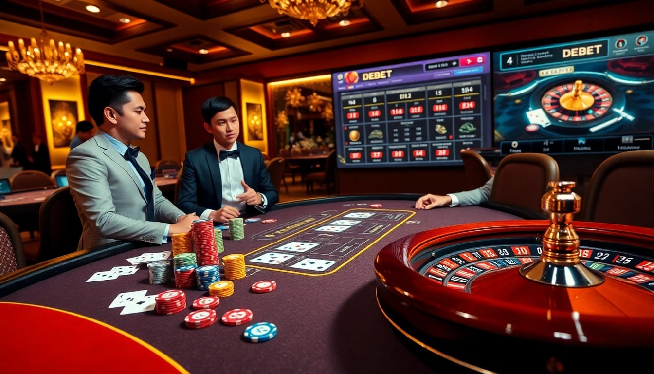 Engaging casino atmosphere with Nhà cái DEBET logo, luxury casino table, and excited players.