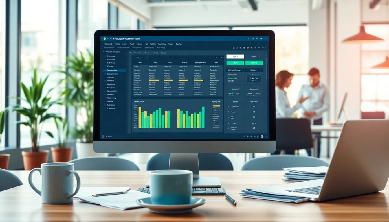Optimized production planning software interface showcased on a modern office setup.