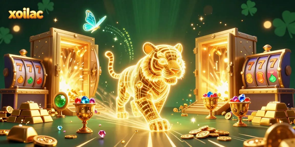 Experience vibrant excitement at xoilac casino with golden tiger and lucky symbols illuminating the scene.