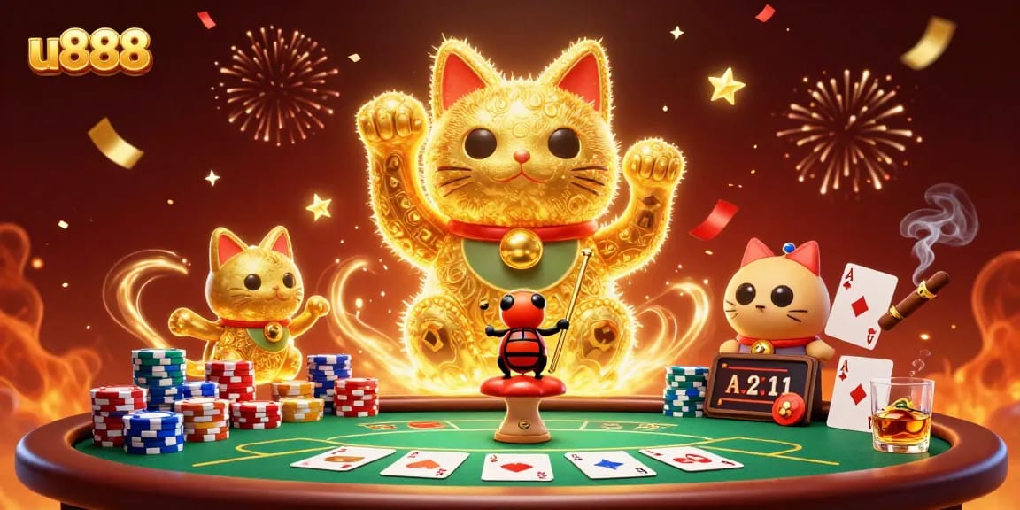 Experience excitement at u888 casino with a vibrant scene of a lucky cat and casino symbols.