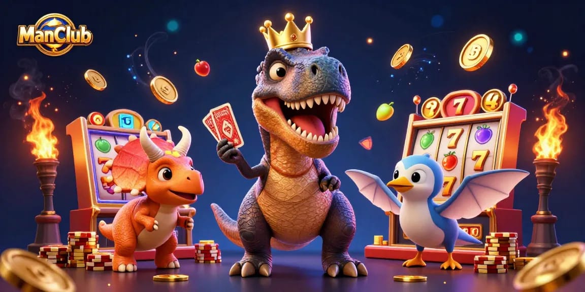 Engaging ManClub illustration with T-Rex playing cards and a baby triceratops stacking chips in a vibrant casino setting.