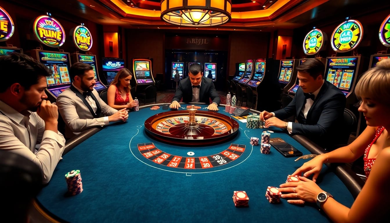 Engaged players testing their luck at BDJL poker table in a vibrant casino atmosphere.