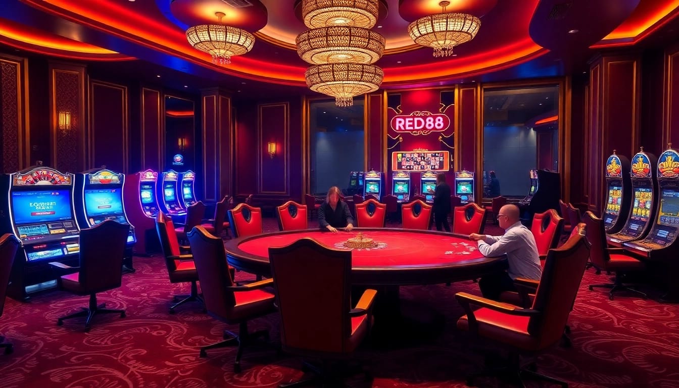 Players betting at RED88's luxurious casino tables, showcasing poker chips and slot machines.