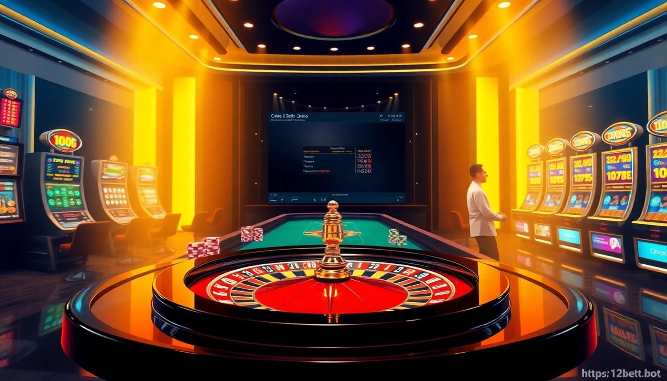 Experience thrilling online gambling at https://12bett.bot/ with luxurious casino visuals showcasing tables and slots.