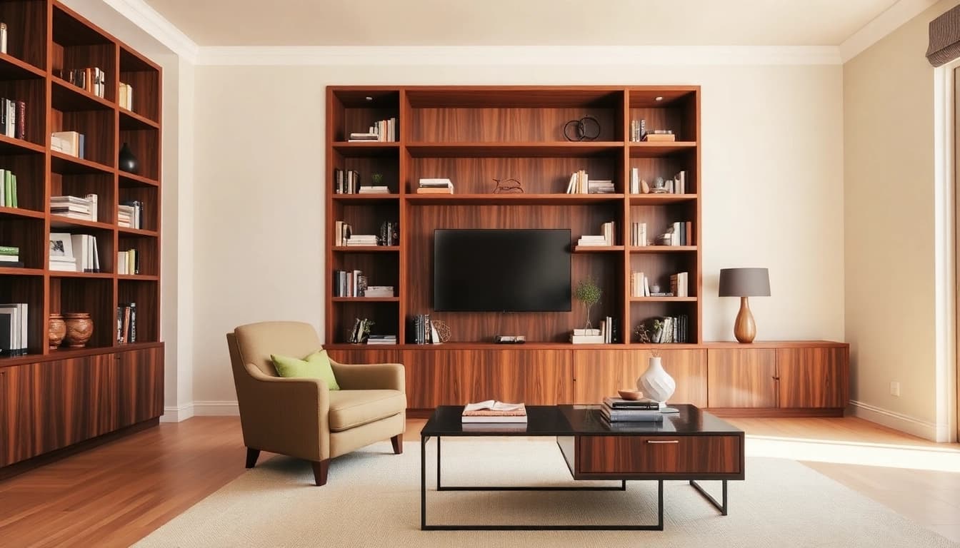 Stunning built-in shelving design by a built-in shelving contractor westchester with custom woodwork in a modern living room.