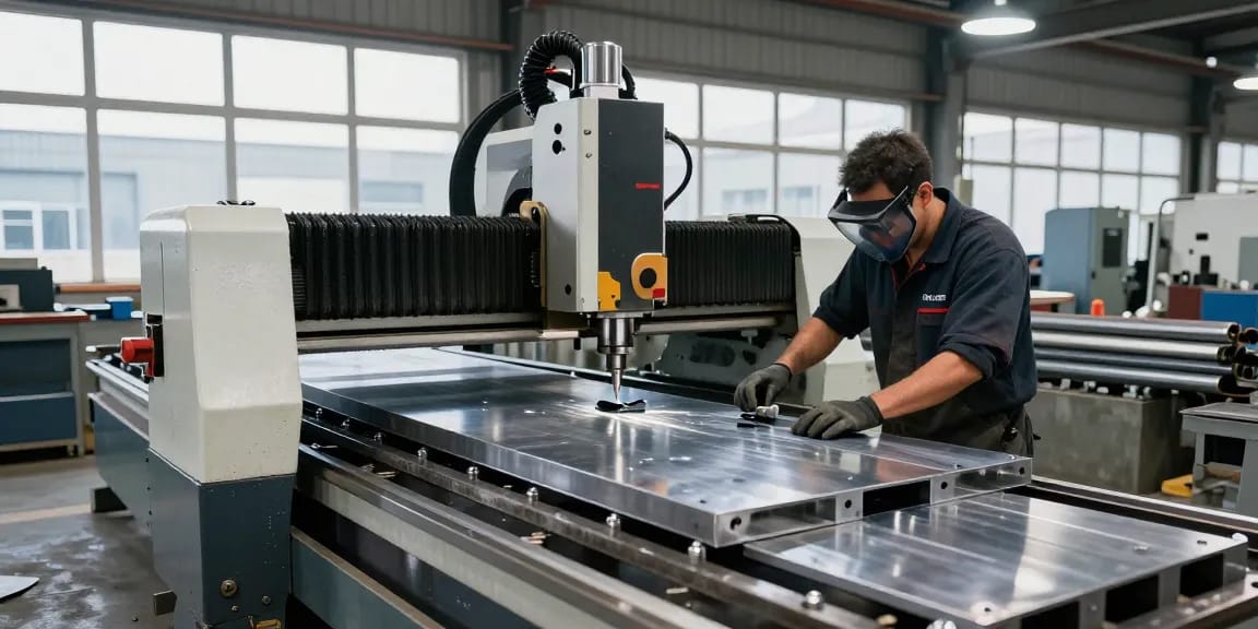 Expert in metal fabrication west vancouver operating CNC machine in modern workshop.