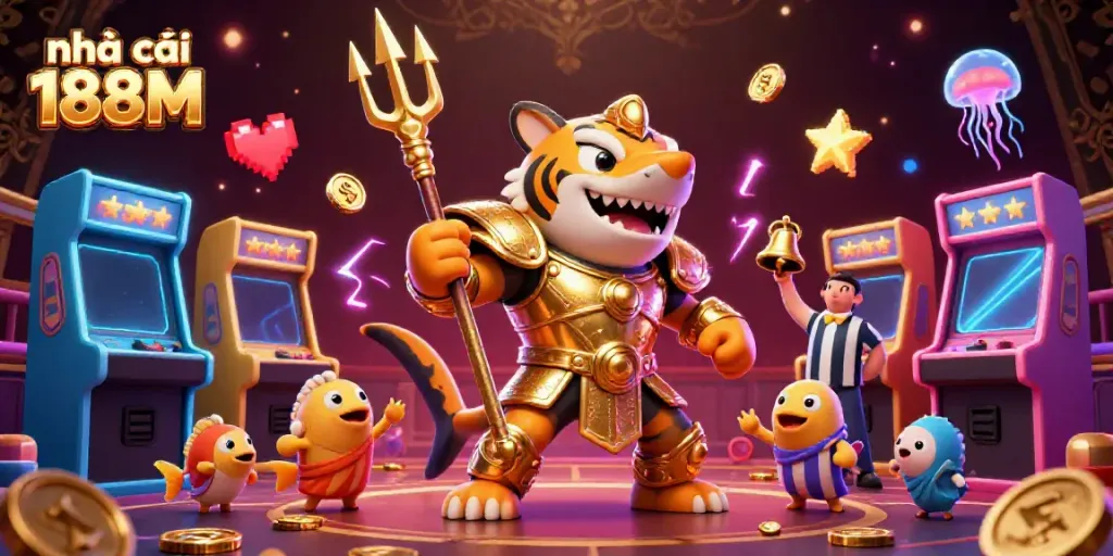 Experience the thrill of nhà cái 188M in a vibrant underwater colosseum with a gladiator shark, dynamic game elements, and colorful arcade machines.