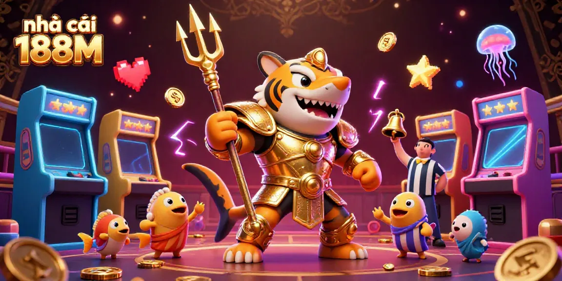 Experience the thrill of nhà cái 188M in a vibrant underwater colosseum with a gladiator shark, dynamic game elements, and colorful arcade machines.