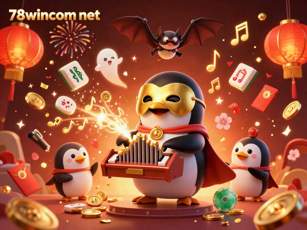 Engage with entertainment at 78wincom net through vivid casino illustration of penguin playing an organ.
