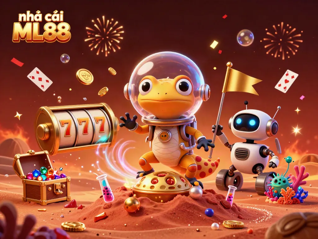 Experience the excitement at nhà cái ML88 with golden casinos and vibrant game elements in a Martian adventure.