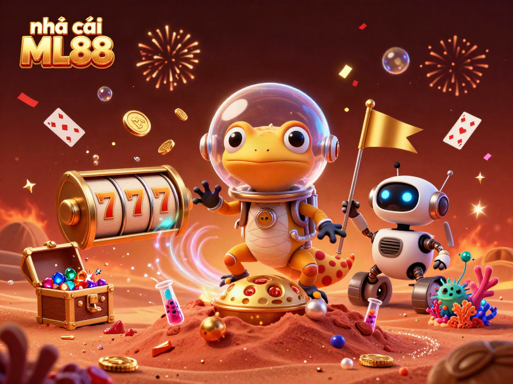 Experience the excitement at nhà cái ML88 with golden casinos and vibrant game elements in a Martian adventure.
