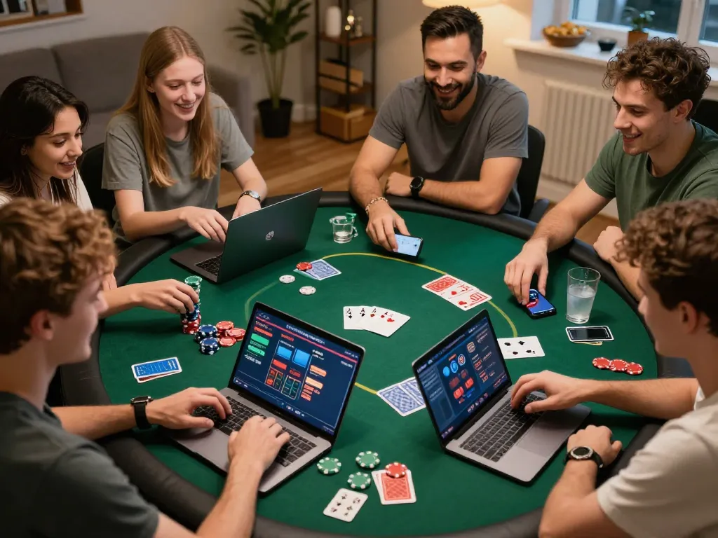 Engaging friends enjoying a poker game online at home with hz88 platform on display.