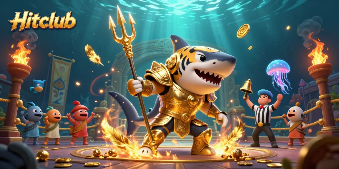 Hitclub showcases a dynamic underwater casino battle with a shark gladiator, cheering fish, and a jellyfish referee.