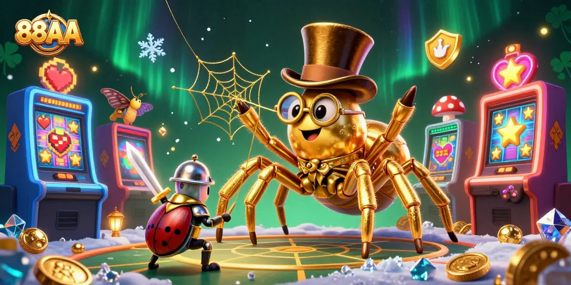 Engage with 88AA's immersive gaming experience featuring a golden tarantula weaving casino magic.