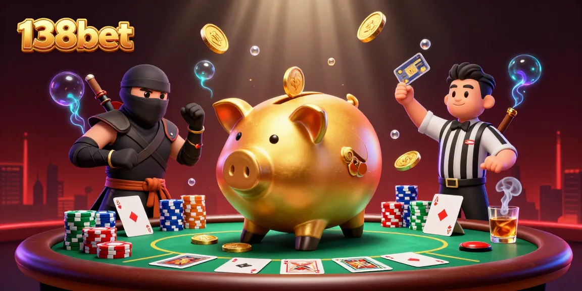Engage in thrilling 138bet gaming action with a gold piggy bank sumo wrestler amid poker excitement.
