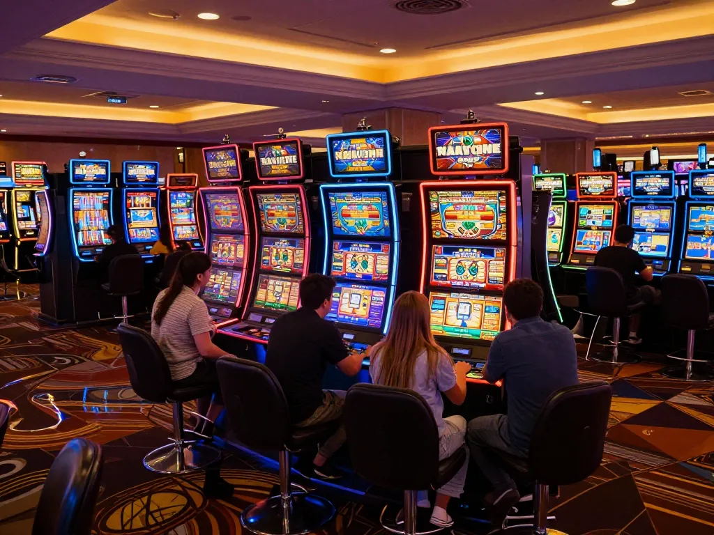 Players enjoy vibrant slot games at VA88, celebrating wins in a lively casino environment.
