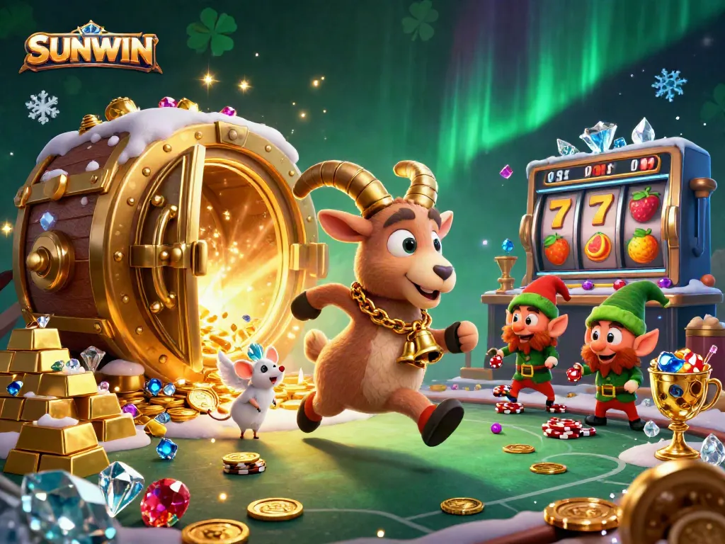 SUNWIN brings a festive yet spooky casino scene alive with a Krampus goat, angel mouse, and elf gremlins.