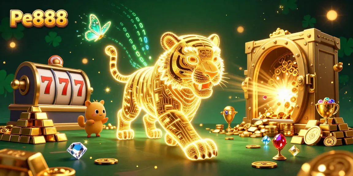 Engage with Pe888's vibrant casino world featuring a neon tiger and sparkling jackpots.