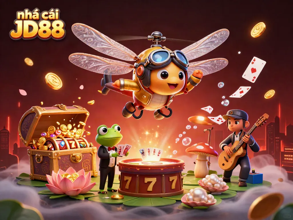 Experience the vibrant world of nhà cái JD88 with a whimsical casino scene filled with animated characters and gaming elements.