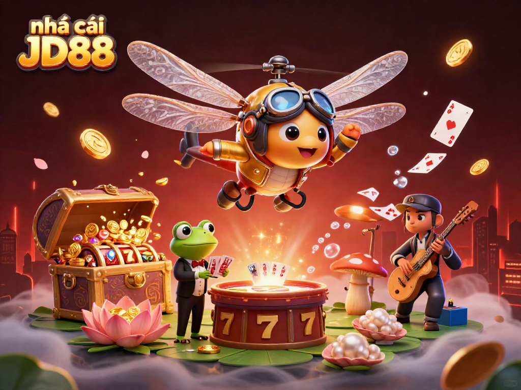 Experience the vibrant world of nhà cái JD88 with a whimsical casino scene filled with animated characters and gaming elements.