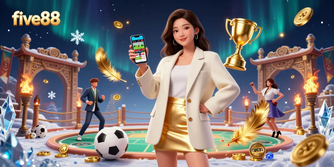 Experience thrilling betting action with five88 in a vibrant 3D casino scene showcasing sports and gaming.