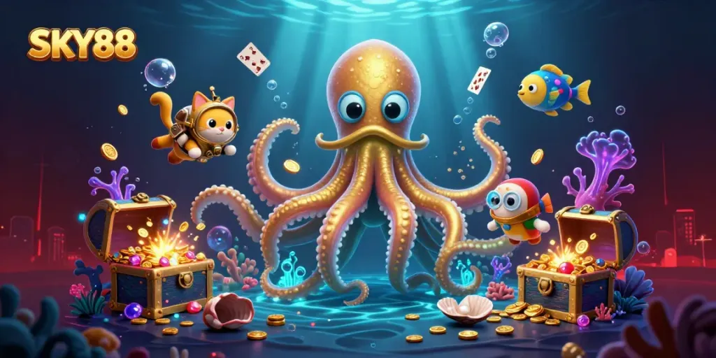 Engage in thrilling gaming action at SKY88, witnessing a kraken amid treasure and bioluminescent sea life.