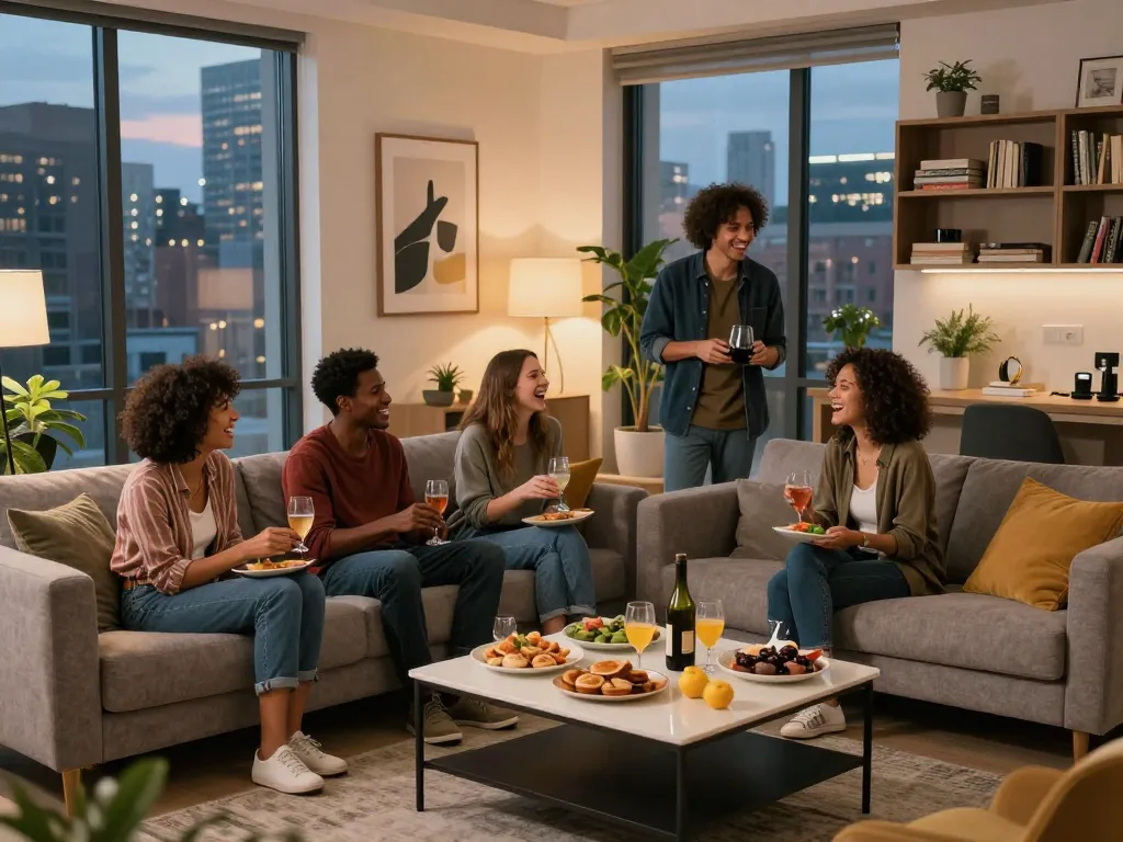 Five88 apartment gathering with diverse professionals enjoying urban lifestyle in a stylish living room.