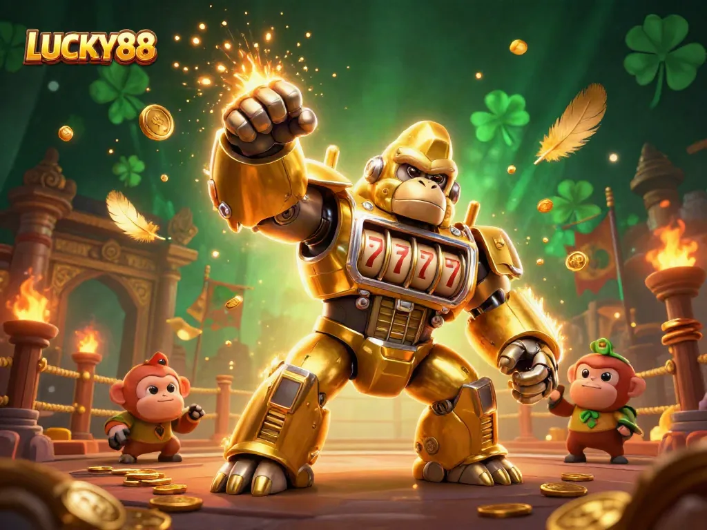 Lucky88 slot mech unleashing jackpots with dynamic casino energy in a vibrant setting.