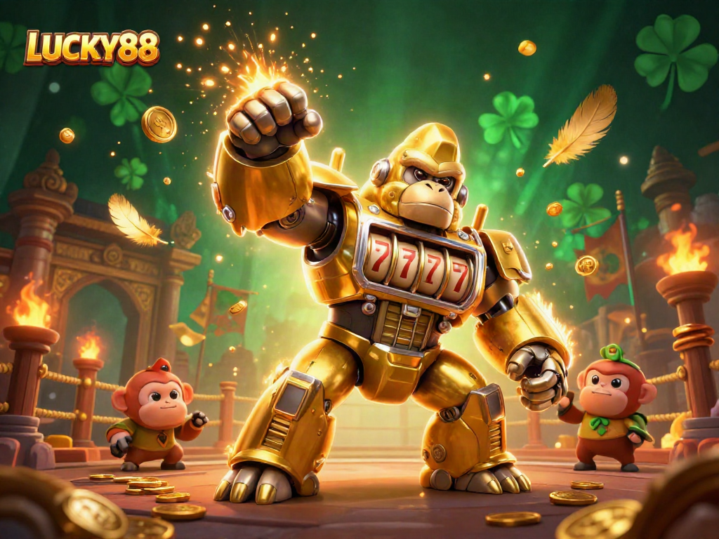 Lucky88 slot mech unleashing jackpots with dynamic casino energy in a vibrant setting.