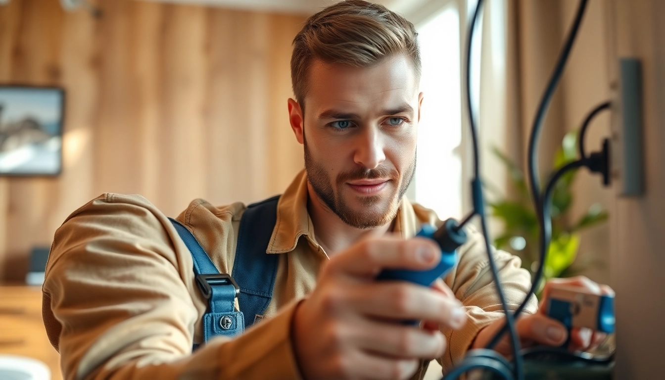 Electrician companies near me: A dedicated electrician repairs wiring in a bright living room.