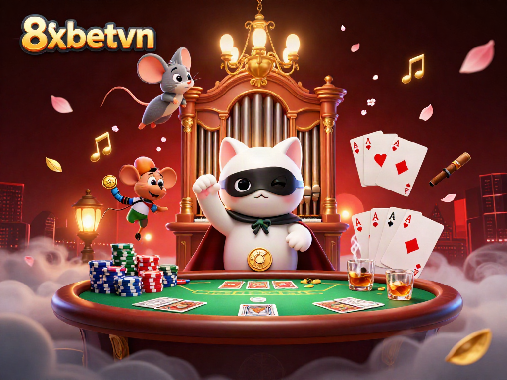 Engage in thrilling gameplay at 8xbetvn with a lively casino atmosphere, showcasing dynamic characters and vibrant game elements.