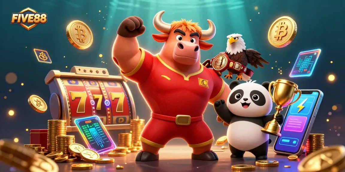 Play and win at FIVE88 with energetic characters celebrating jackpot slots in a dynamic casino scene.