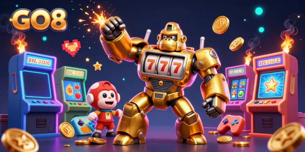 Engage in excitement with GO8, a vibrant scene featuring a golden gorilla mech and arcade-style games.