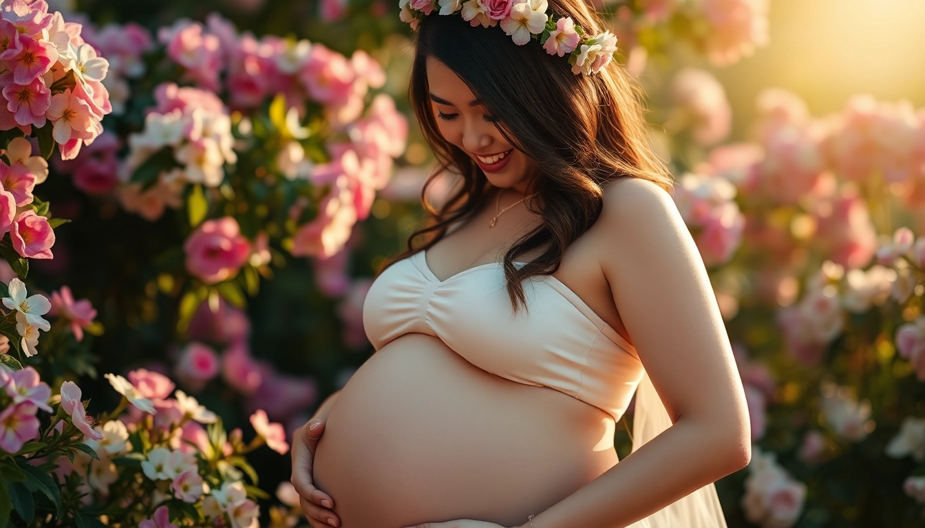 Enchanting Babybauch Fotoshooting of a glowing expectant mother in a floral setting.