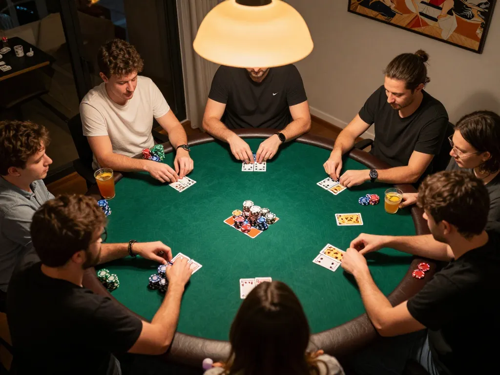 vt88 players engaging in poker strategy around a green felt table during a home game night.