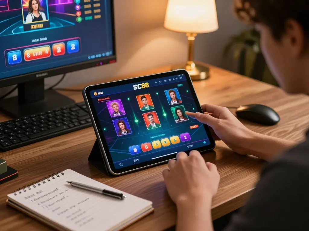 Player analyzing strategy on the SC88 casino app in a cozy, well-lit gaming setup.