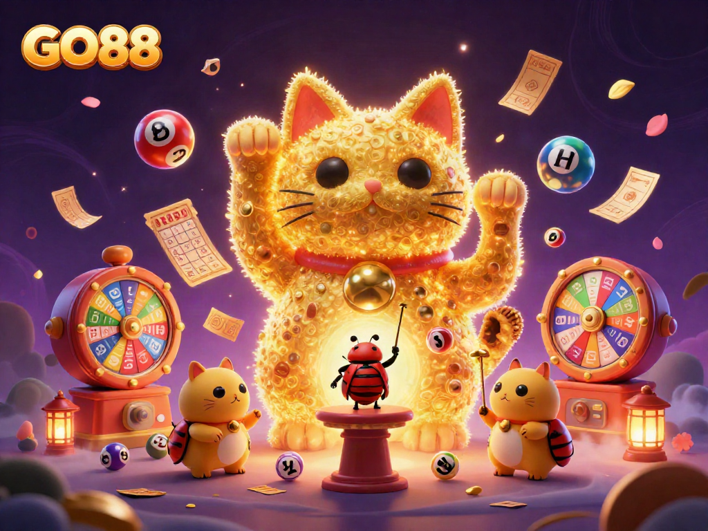Engage with GO88's vibrant casino scene, featuring a lucky cat surrounded by dynamic game elements and mystical effects.