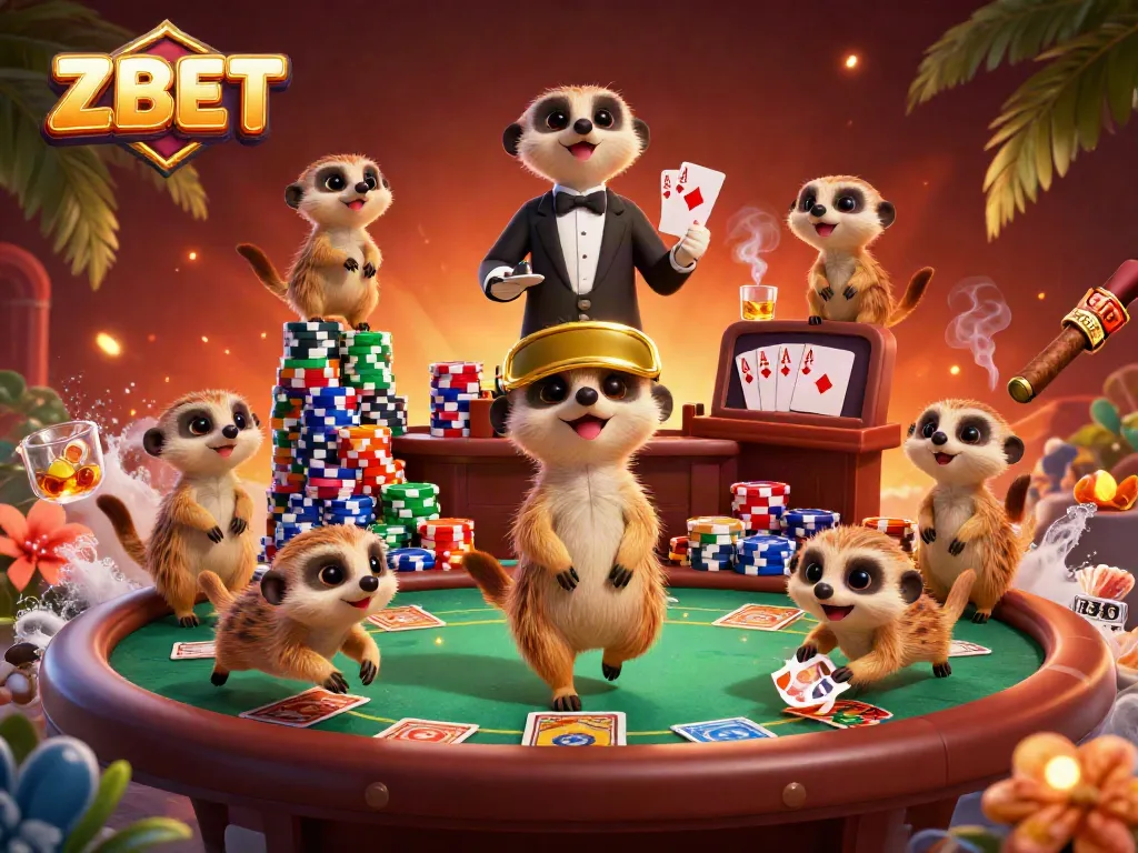 ZBET meerkats energetically managing a vibrant casino with colorful poker elements.