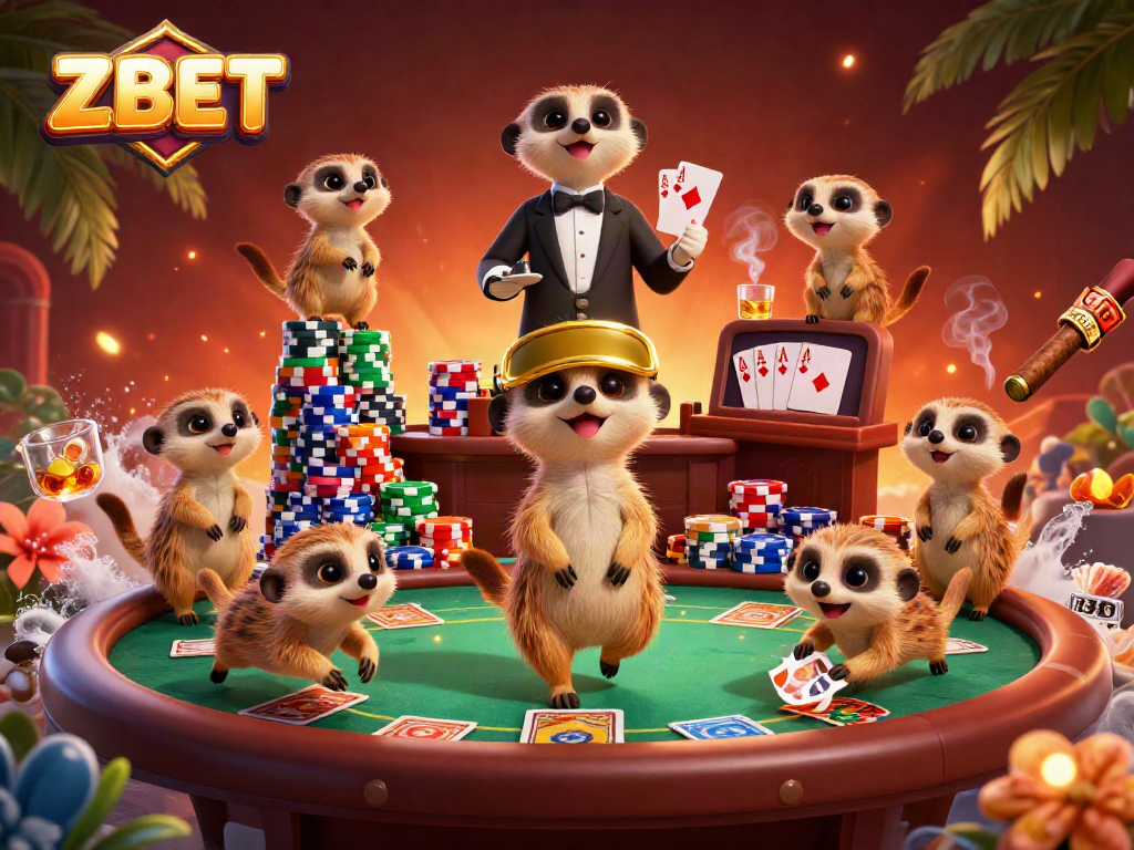 ZBET meerkats energetically managing a vibrant casino with colorful poker elements.