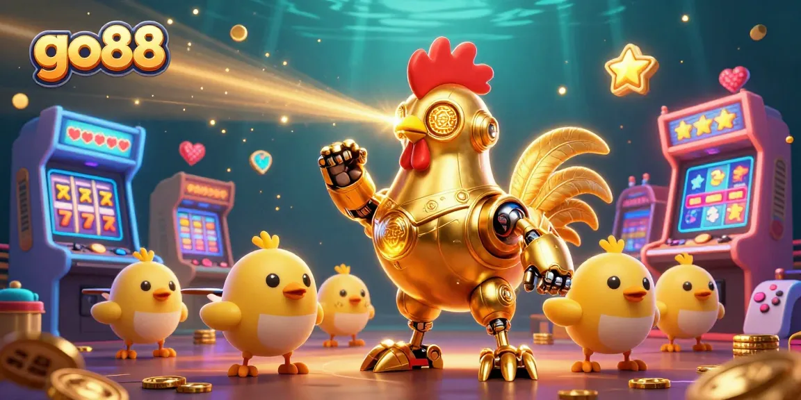 Engage with go88's dynamic gaming ecosystem featuring the golden rooster robot and interactive elements.