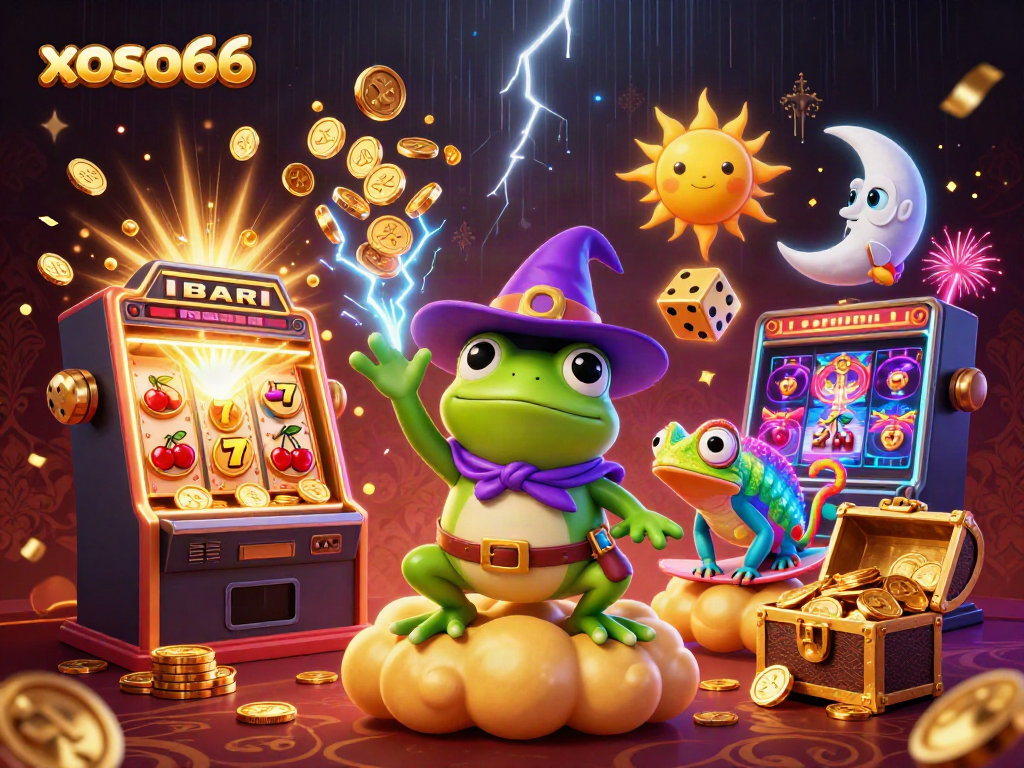 Experience the excitement of xoso66 as a weather wizard frog conjures golden coins amidst vibrant casino themes.