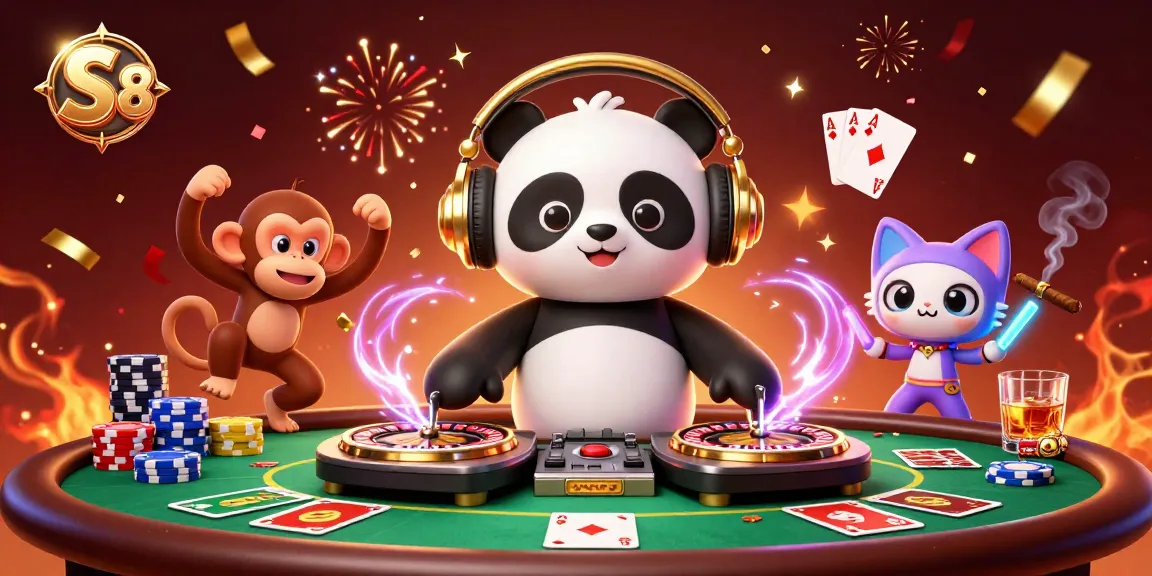 S 8 features a festive scene with a DJ panda and fun casino elements, showcasing excitement for players.
