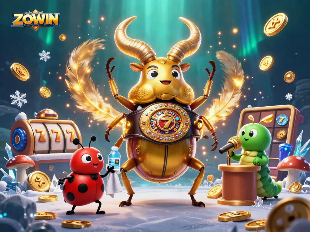 ZOWIN invites players to engage in vibrant casino excitement with a golden stag beetle boxing champion amidst dynamic gambling visuals.
