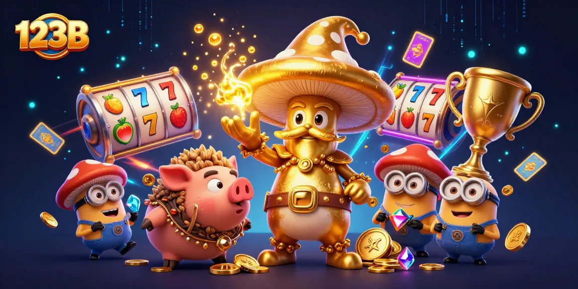 Exciting 123B casino scene with a golden wizard, treasures, and vibrant slot reels.