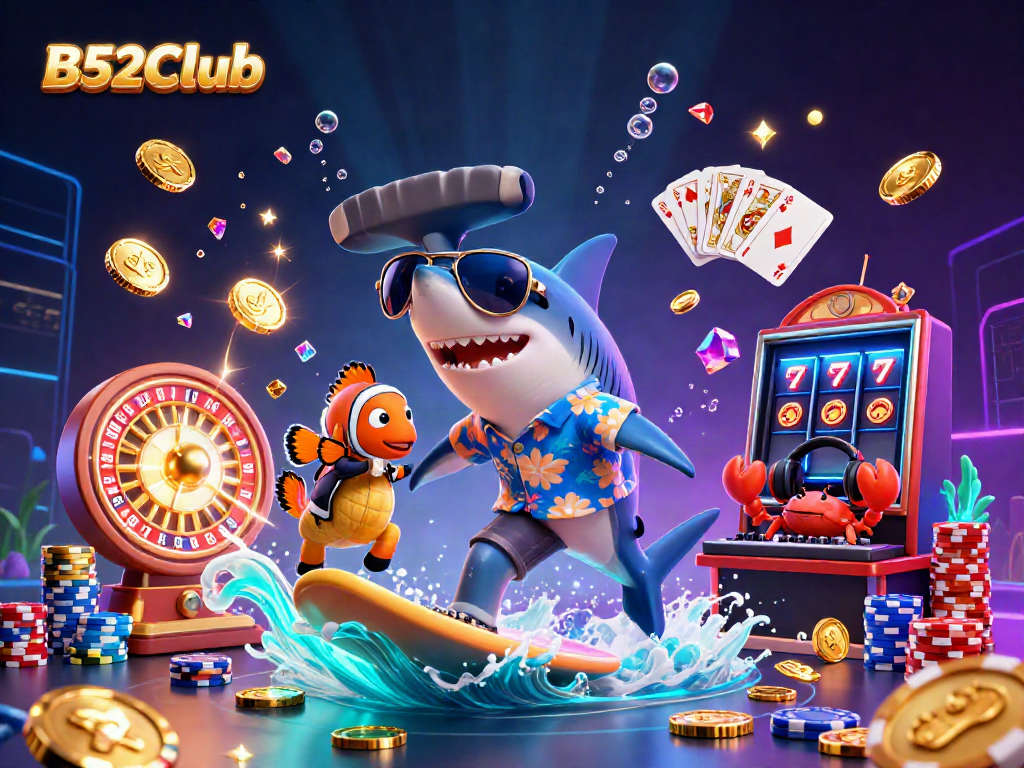 Experience the thrill of B52CLub with animated casino characters surrounded by rich gaming elements.