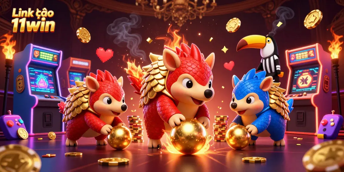 Engage in thrilling games at Link vào 11win with colorful pangolins, poker chips, and arcade action